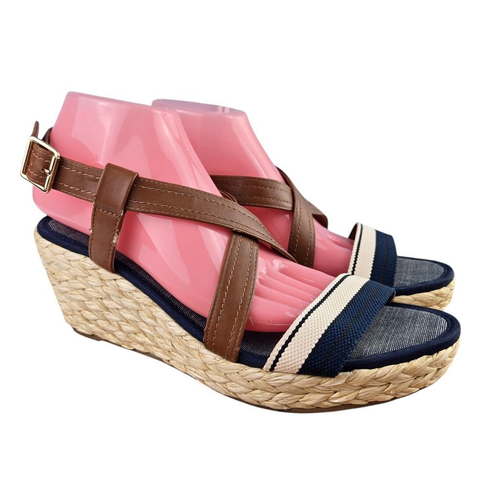 Ellos Women 11M Brown‎ Navy Striped Espadrille Wedge Sandals